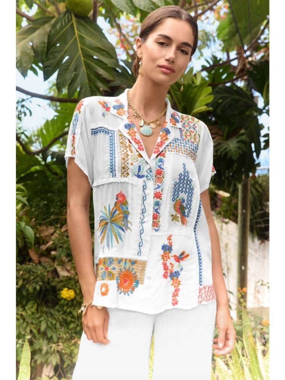 Johnny Was $298 Petra Top Size XL Floral Birds Embroidered Short Sleeve Tropical